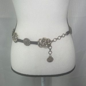 Vintage Silver & Leather Chain & Floral Conchos Statement Belt Boho Sz S